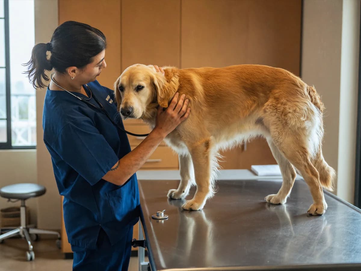 Veterinaria revisando a un golden retriever