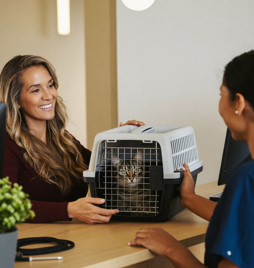 Clienta entregando su gato en el guacal a la recepcionista de la clínica